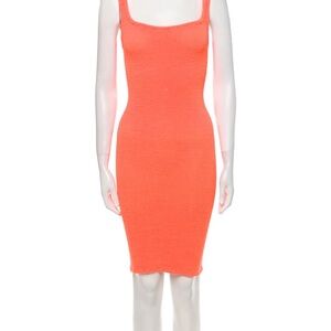 Hunza G Orange Bodycon Midi Dress Scoop Neck Sleeveless